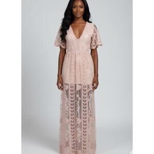 Gianni Bini Pale Pink Fully Lace Sheer Dress with Built in Romper Underneath